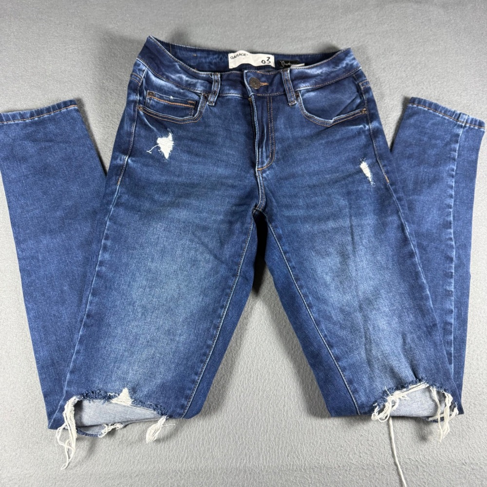 Garage Premium Skinny Jeans Size 3 Dark Wash Distressed Knee Blue Denim